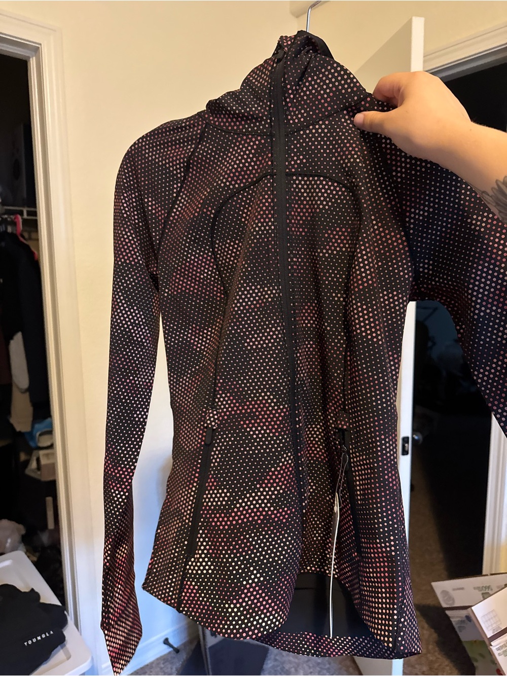 Women's Black and Pink Dotted Hooded Jacket